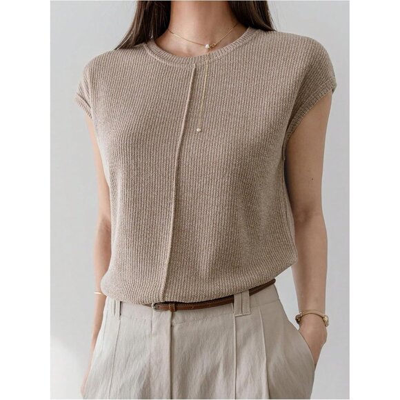 Women's Sweater Knit Casual Pullover Short Sleeve Crew Neck Light Brown - Picture 2 of 5